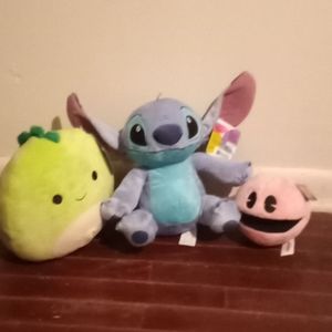 Plushies 3 in one order, dino, Pac-Man and stitch.